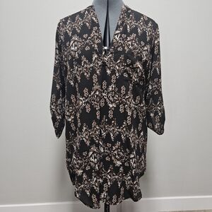 Lush Nordstrom Roll Tab Sleeve Tunic Blouse Black Brown Oversized Women's Small